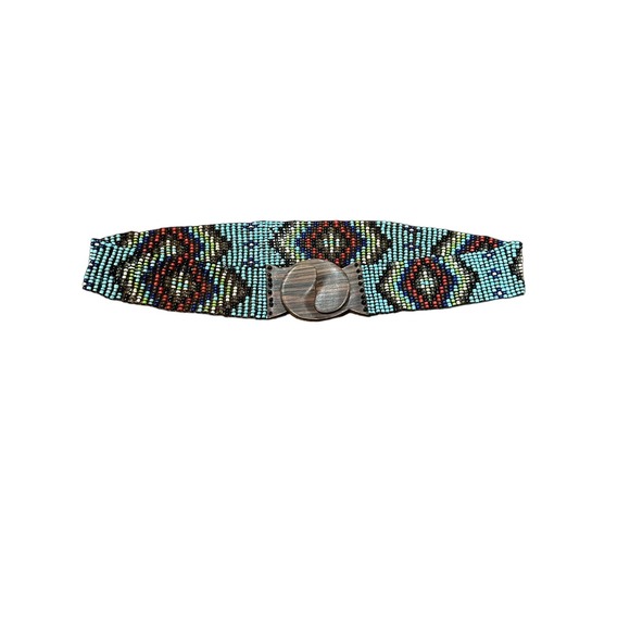 Vintage Accessories - Vintage Boho Glass Bead Stretch Belt with Wood Clasp Buckle- Made in indonesia
